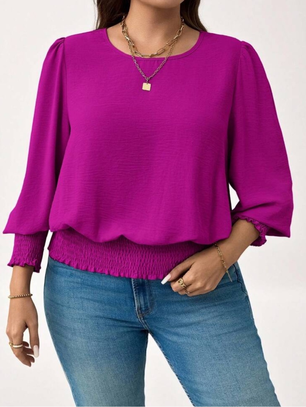 Women’s Fuchsia Smocked-Hem Blouse - Stylish Everyday Top